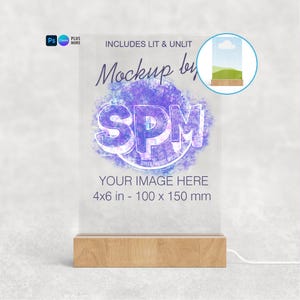 Mockup van 4 x 6 acryl led-plaquette | Helder acryl | Nachtlampje op houten basis (PSD, canvas, png) afbeelding 1