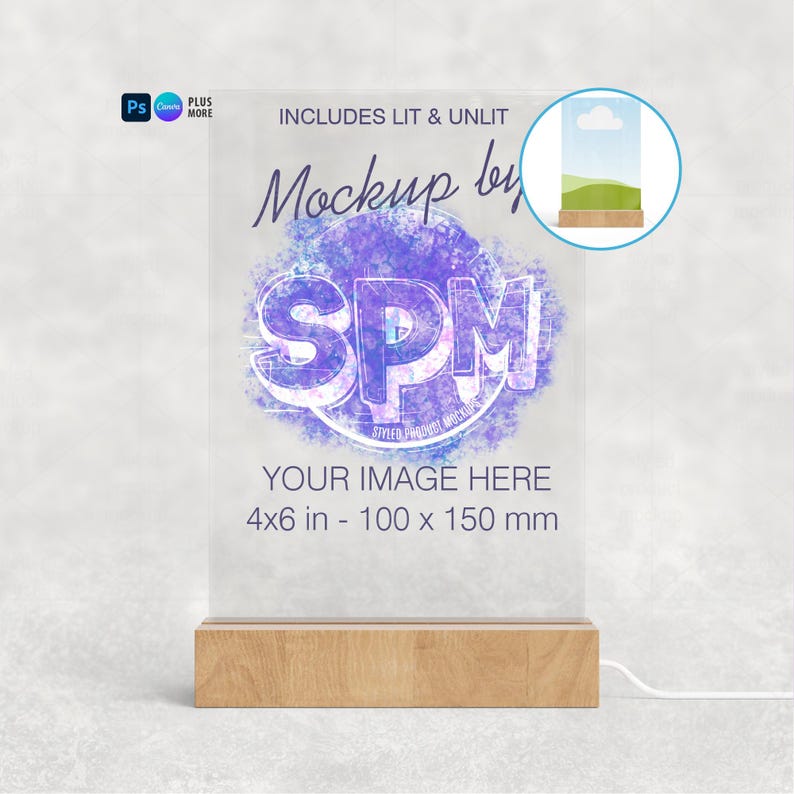 Mockup van 4 x 6 acryl led-plaquette | Helder acryl | Nachtlampje op houten basis (PSD, canvas, png) afbeelding 1