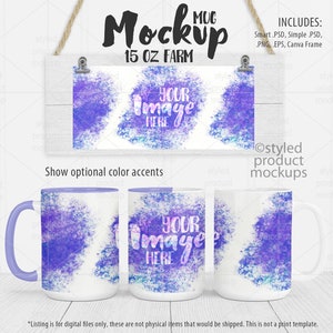 Dye sublimation 15oz mug with color accents full wrap scene Mockup | Add your own image and background