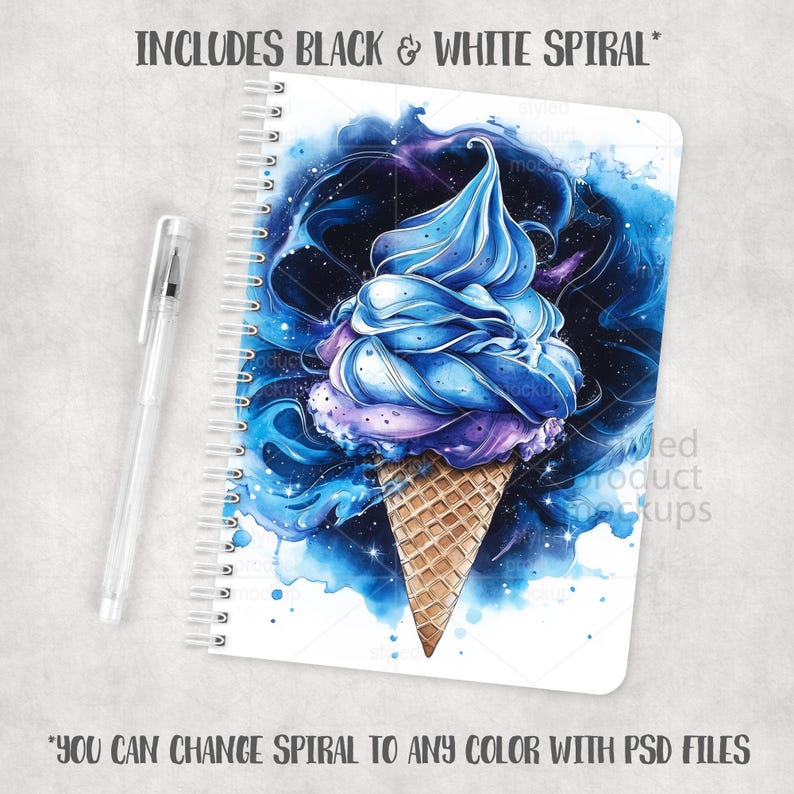 May include: Spiral-bound notebook featuring a watercolor illustration of a blue and purple ice cream cone against a cosmic background. Includes the text "INCLUDES BLACK & WHITE SPIRAL" and "YOU CAN CHANGE SPIRAL TO ANY COLOR WITH PSD FILES". A clear pen is next to the notebook.
