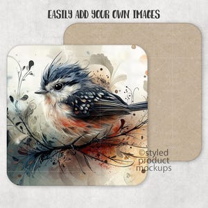 May include: A watercolour illustration of a small bird with blue, black and white feathers perched on a branch with a watercolour background of flowers and leaves.