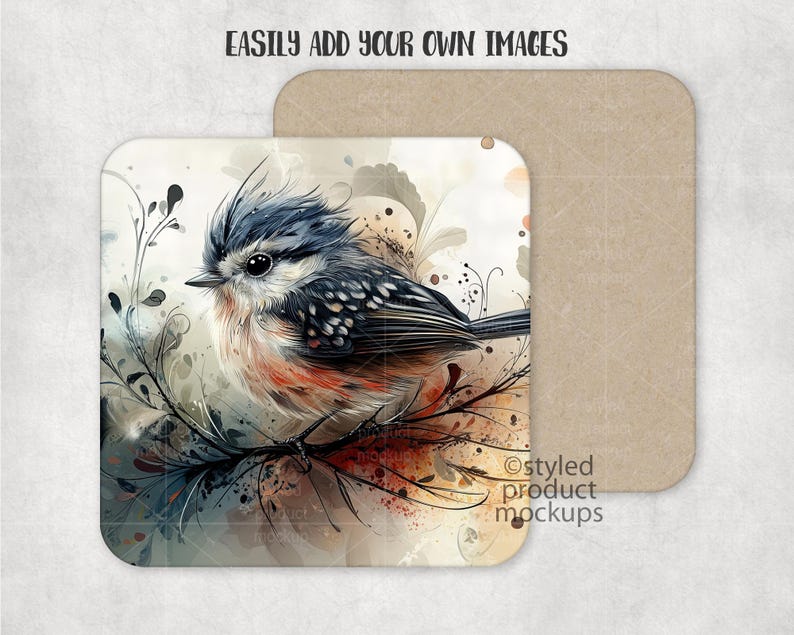 May include: A watercolour illustration of a small bird with blue, black and white feathers perched on a branch with a watercolour background of flowers and leaves.