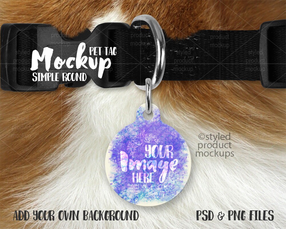 Round pet tag on a dog collar mockup template Add your own Etsy