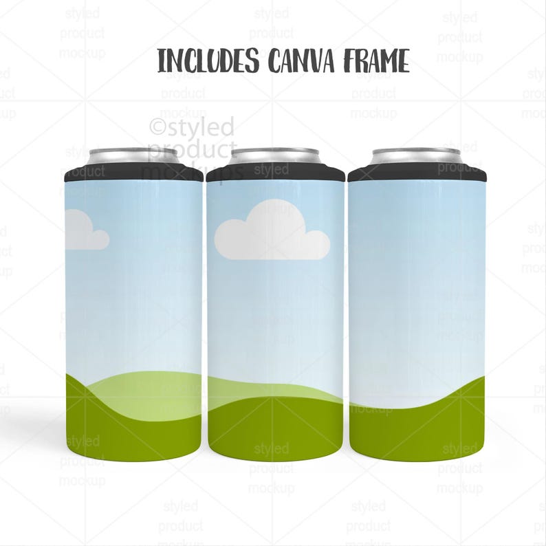 May include: Three can coolers with a sky and landscape design. The coolers have a blue sky background with white clouds and green hills. The text "INCLUDES CANVA FRAME" is at the top.