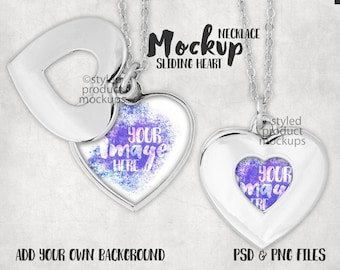 May include: A silver necklace with a sliding heart pendant. The heart is open and has a smaller heart inside with a purple and blue watercolour design. The text "Your Image Here" is written on the smaller heart.