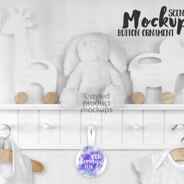 Hanging button ornament in a nursery mockup scene | Add your own image and change background colors