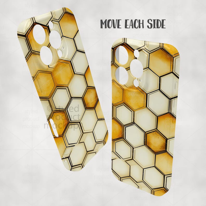 May include: Two phone cases with a honeycomb pattern in shades of cream and gold. The cases have cutouts for the camera and buttons. The text "MOVE EACH SIDE" is visible above the cases.