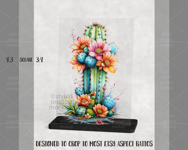 Puede incluir: Ilustraci&oacute;n en acuarela de un cactus con flores de color naranja brillante, rosa y azul. El cactus presenta tonos verdes y azules. La imagen est&aacute; dise&ntilde;ada para recortarse a la mayor&iacute;a de las proporciones de Etsy.