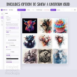 May include: A digital interface titled GridStudio displaying a collage layout tool. The screen shows a sidebar with layout settings and a central 3x3 grid containing nine distinct artistic images, including a colorful bull, cupcake, and octopus.