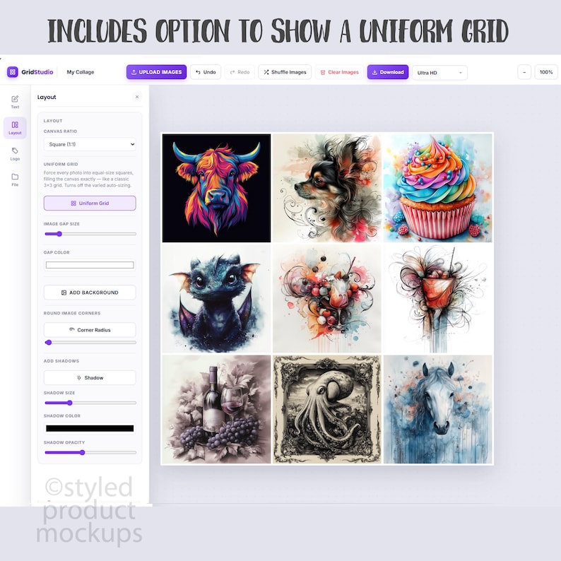 May include: A digital interface titled GridStudio displaying a collage layout tool. The screen shows a sidebar with layout settings and a central 3x3 grid containing nine distinct artistic images, including a colorful bull, cupcake, and octopus.
