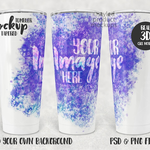 Dye sublimation 32 ounce tapered tumbler full wrap view Mockup | Add your own image and background