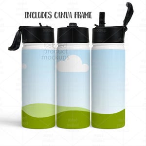 May include: Three water bottles with black lids and a white body. The bottles have a sky and grass design. The text "INCLUDES CANVA FRAME" is at the top. The bottles are designed for mockups.