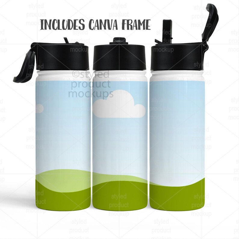 May include: Three water bottles with black lids and a white body. The bottles have a sky and grass design. The text "INCLUDES CANVA FRAME" is at the top. The bottles are designed for mockups.