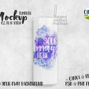 May include: A white 20 ounce tumbler mockup with a watercolor design in shades of purple, blue, and pink. The text "YOUR IMAGE HERE" is written in black on the design. The tumbler is on a white background.