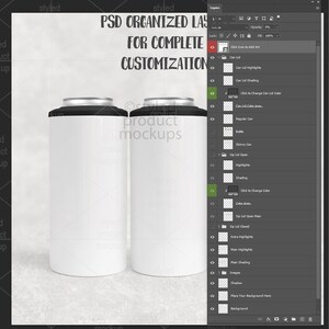 May include: Two white can mockups with black lids are displayed. The text "PSD ORGANIZED LAYERS FOR COMPLETE CUSTOMIZATION" is visible. The image also shows a layered Photoshop file.