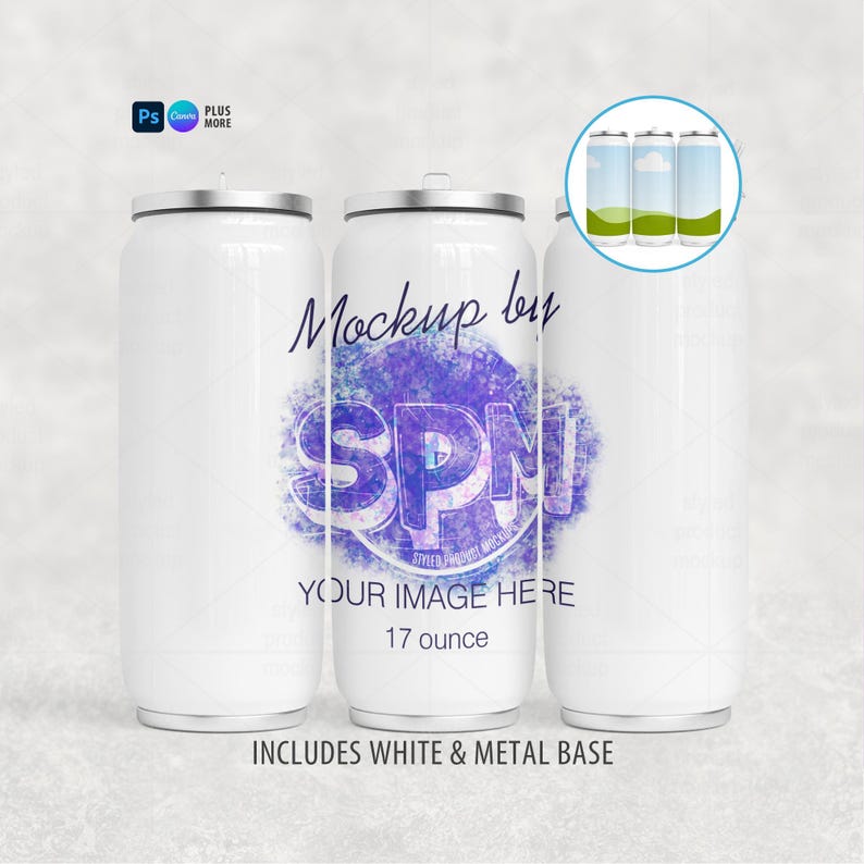 May include: White 17-ounce tumbler mockup with a silver lid and base. The design includes the text "Mockup by SPM" and "YOUR IMAGE HERE". The base is white and metal. The image also includes a small graphic of three tumblers with a sky and grass design.