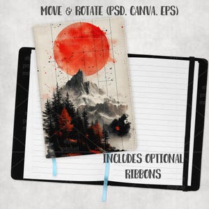 May include: A black notebook with a cover featuring a mountain landscape design with a red sun. The cover has a watercolor style with red, black, and white colors. The notebook includes optional ribbons. The text "MOVE & ROTATE (PSD. CANVA. EPS)" and "INCLUDES OPTIONAL RIBBONS" are visible.
