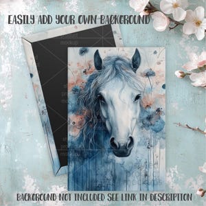 May include: A canvas print featuring a watercolor painting of a white horse's head with a flowing mane, surrounded by blue and peach floral accents. The text "EASILY ADD YOUR OWN BACKGROUND" and "BACKGROUND NOT INCLUDED SEE LINK IN DESCRIPTION" are visible.