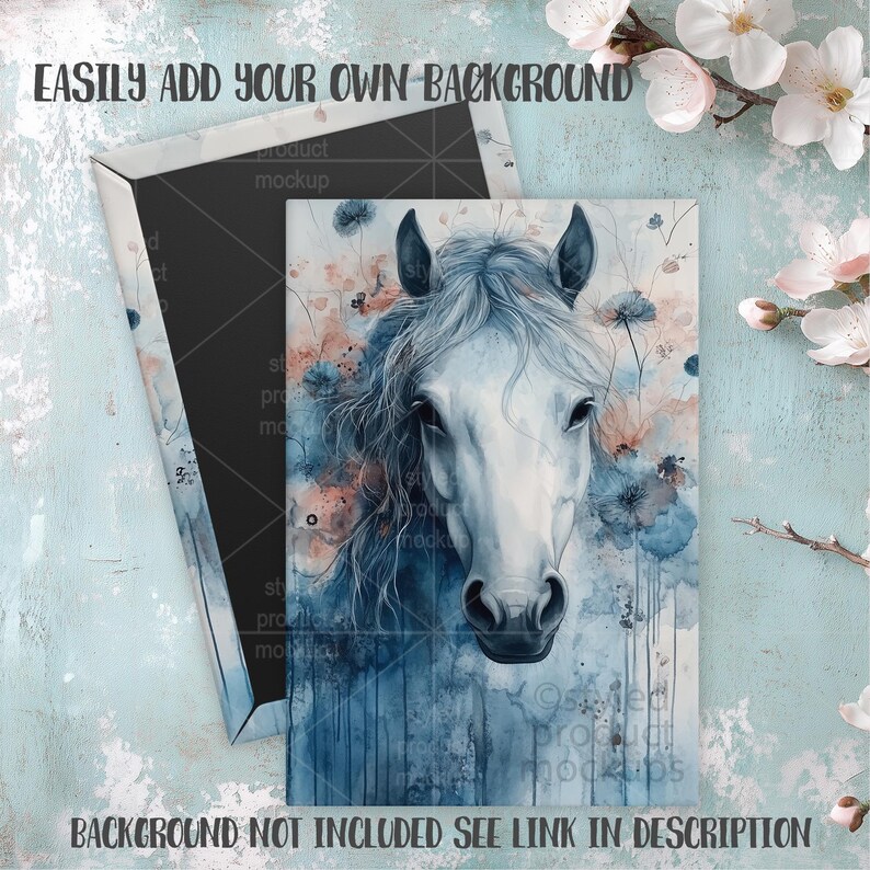 May include: A canvas print featuring a watercolor painting of a white horse's head with a flowing mane, surrounded by blue and peach floral accents. The text "EASILY ADD YOUR OWN BACKGROUND" and "BACKGROUND NOT INCLUDED SEE LINK IN DESCRIPTION" are visible.