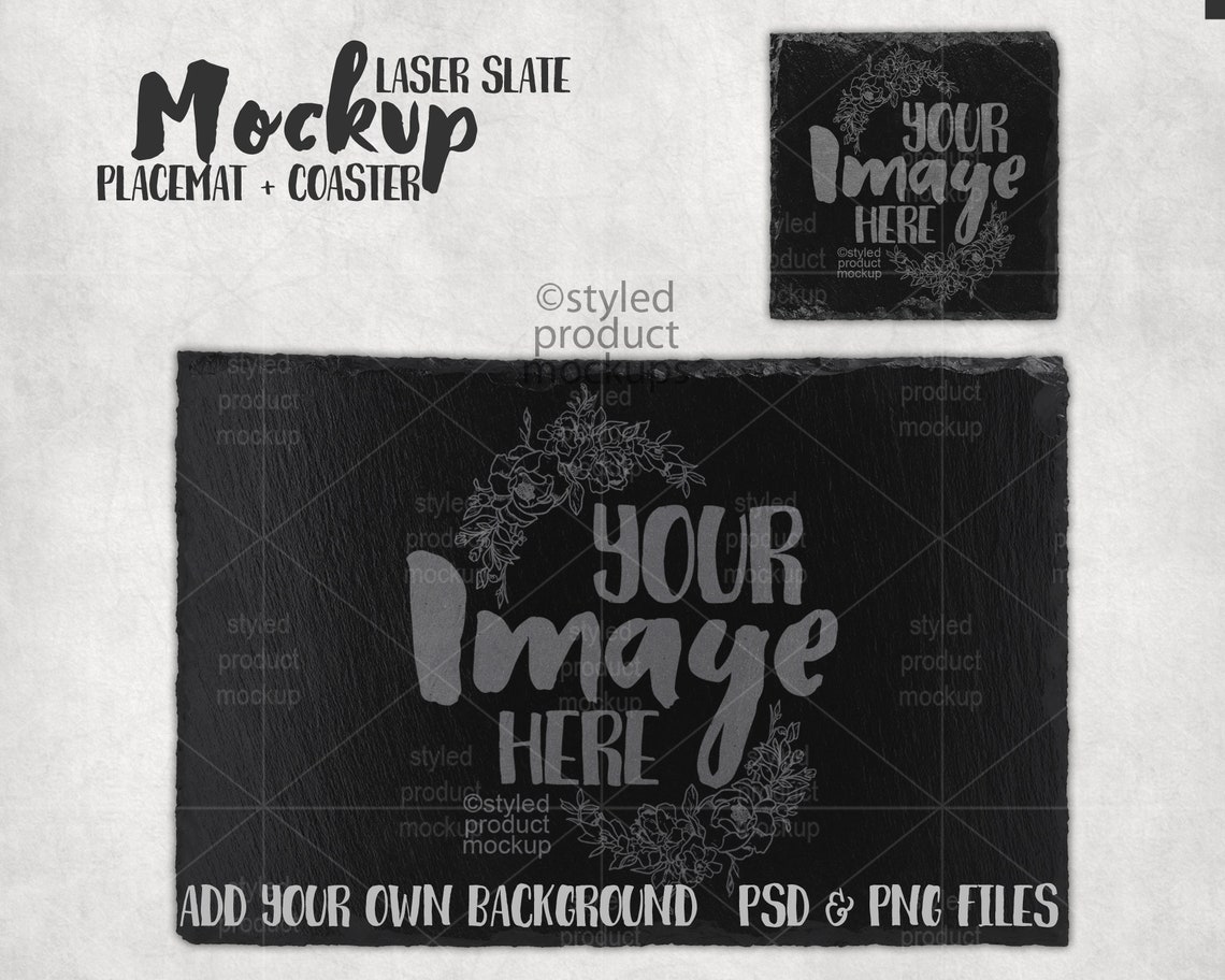 Laser Etch Slate Placemat and Square Coaster Set Mockup Add Etsy