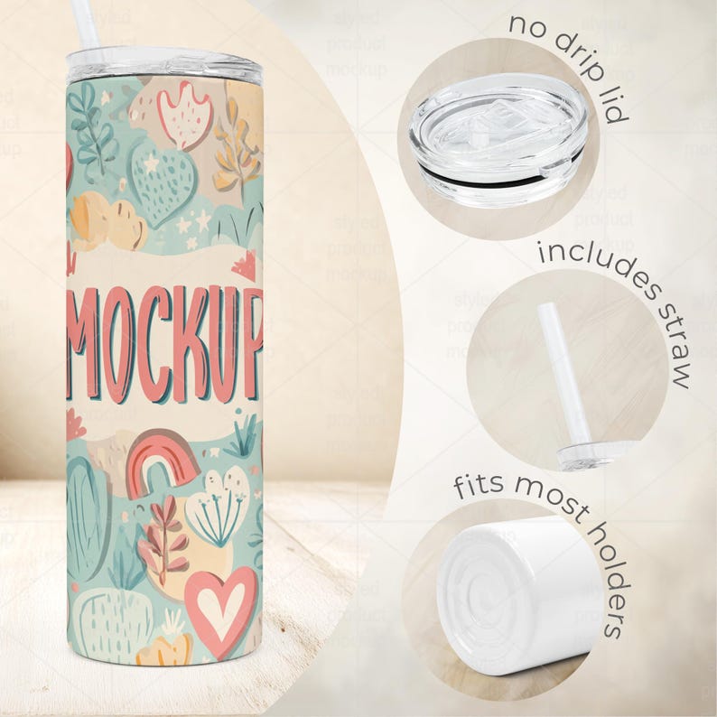 May include: A floral-patterned tumbler with a straw, featuring a design of hearts, rainbows, and plants in pastel colors. The text "MOCKUP" is displayed prominently. The lid is a no-drip design and fits most holders.