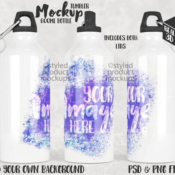 Dye sublimation 600ml 20oz white water bottle with two lids Mockup | Add your own image and background
