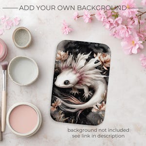 May include: A rectangular phone case featuring a white axolotl with pink gills and accents, surrounded by flowers, set against a black and gray background. The case has the text "styled product mockups" and "background not included see link in description".