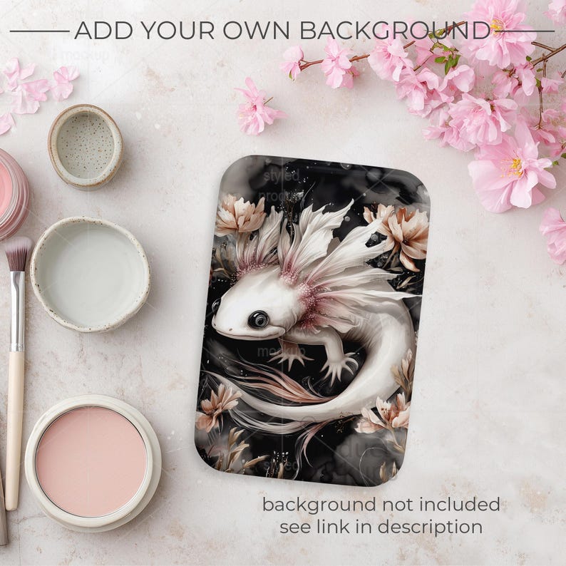 May include: A rectangular phone case featuring a white axolotl with pink gills and accents, surrounded by flowers, set against a black and gray background. The case has the text "styled product mockups" and "background not included see link in description".
