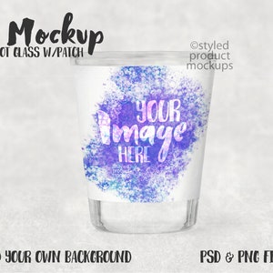 Dye sublimation shot glass with image area patch Mockup | Add your own image and background