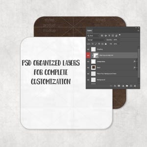 May include: A digital product mockup featuring a white card with the text "PSD ORGANIZED LAYERS FOR COMPLETE CUSTOMIZATION" and a brown leather-textured background. A Photoshop layers panel is visible.