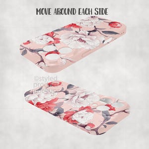 Pode incluir: Duas capas de telem&oacute;vel com um design floral. As capas s&atilde;o rosa claro com um padr&atilde;o de flores brancas e vermelhas e folhas cinzentas. O texto "MOVE AROUND EACH SIDE" est&aacute; na parte superior da imagem.