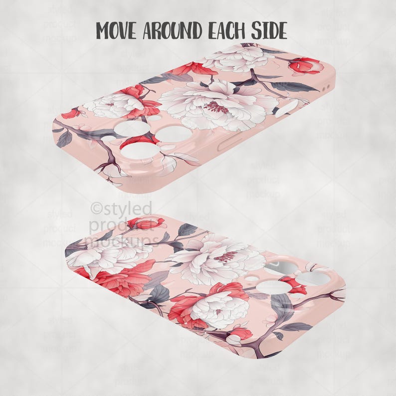Pode incluir: Duas capas de telem&oacute;vel com um design floral. As capas s&atilde;o rosa claro com um padr&atilde;o de flores brancas e vermelhas e folhas cinzentas. O texto "MOVE AROUND EACH SIDE" est&aacute; na parte superior da imagem.