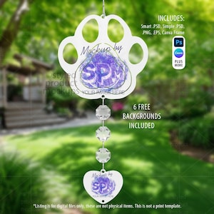 May include: A white paw print-shaped ornament with a heart-shaped bottom, strung with clear crystal beads. The ornament has the text "Mockup by SPM" and "YOUR IMAGE HERE". The image includes the text "6 FREE BACKGROUNDS INCLUDED".