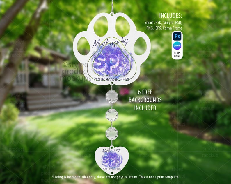 May include: A white paw print-shaped ornament with a heart-shaped bottom, strung with clear crystal beads. The ornament has the text "Mockup by SPM" and "YOUR IMAGE HERE". The image includes the text "6 FREE BACKGROUNDS INCLUDED".