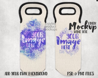 May include: A white linen wine tote bag mockup with a black handle and a watercolor design. The text "Your Image Here" is displayed on the bag. The text "Linen Mockup Wine Tote" is displayed at the top of the image. The text "PSD & PNG Files" is displayed at the bottom of the image.