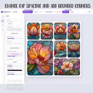 May include: A digital interface for a collage builder application displaying a layout menu on the left and a preview of a floral stained glass mosaic on the right. The text at the top reads CHANGE GAP SPACING AND ADD ROUNDED CORNERS.