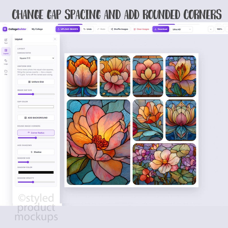 May include: A digital interface for a collage builder application displaying a layout menu on the left and a preview of a floral stained glass mosaic on the right. The text at the top reads CHANGE GAP SPACING AND ADD ROUNDED CORNERS.