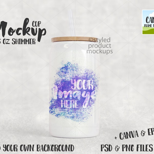 Dye sublimation 16oz white shimmer can tumbler Mockup | Add your own image and background | canva frame mockup