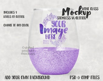 Stemless wine glass with glitter template mockup | Add your own image and background