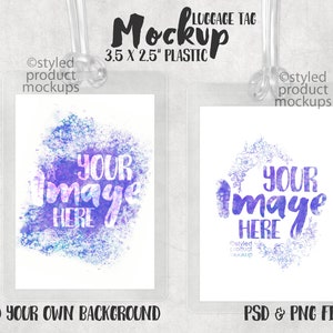 May include: Two clear plastic luggage tags with a white background. The left tag has a purple and blue watercolor design with the text "YOUR IMAGE HERE". The right tag has a blue floral design with the text "YOUR IMAGE HERE". Both tags are 3.5 inches by 2.5 inches.