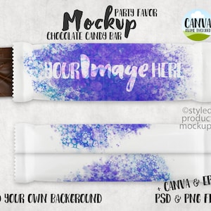 May include: Mockup of a chocolate candy bar wrapper with a watercolor design in shades of purple and blue. The text "Your Image Here" is written in white on the wrapper. The wrapper is on a gray background. Canva frame included.