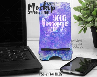 Dye sublimation Savanna cell phone stand lifestyle scene mockup | Add your own image