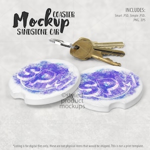 Dye sublimation sandstone car coaster Mockup shown at an angle with keys | Add your own image and background