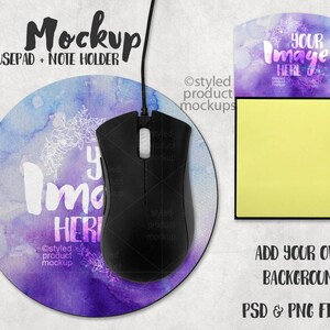 May include: A purple and blue watercolour mouse mat with a black computer mouse and a yellow sticky note holder. The mouse mat has the text "Your Image Here" on it. The sticky note holder has the text "Add Your Own Background PSD & PNG Files".