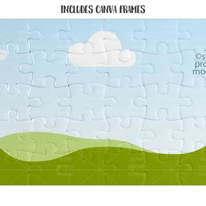 May include: A blue and green jigsaw puzzle background with a white cloud. The text "INCLUDES CANVA FRAMES" is at the top of the image. The text "Ostyled product mockups" is at the bottom right of the image.