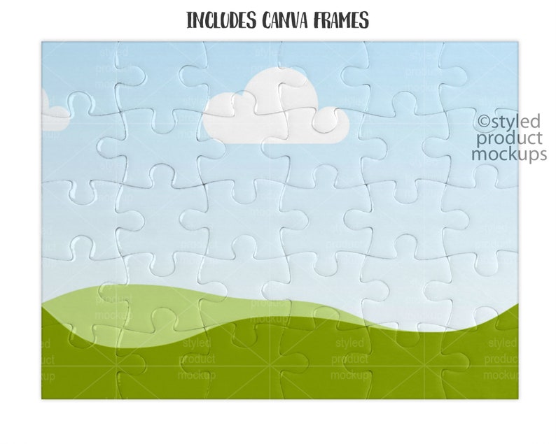 May include: A blue and green jigsaw puzzle background with a white cloud. The text "INCLUDES CANVA FRAMES" is at the top of the image. The text "Ostyled product mockups" is at the bottom right of the image.