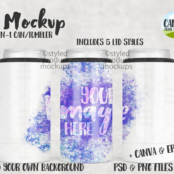 Dye sublimation 4in1 can cooler tumbler Mockup | Add your own image and background | Canva Frame Mockup