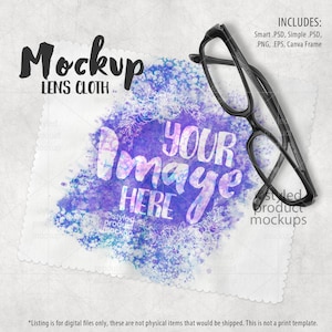 Detergente per occhiali con panno per lenti a sublimazione del colore Mockup / Aggiungi la tua immagine e il tuo sfondo