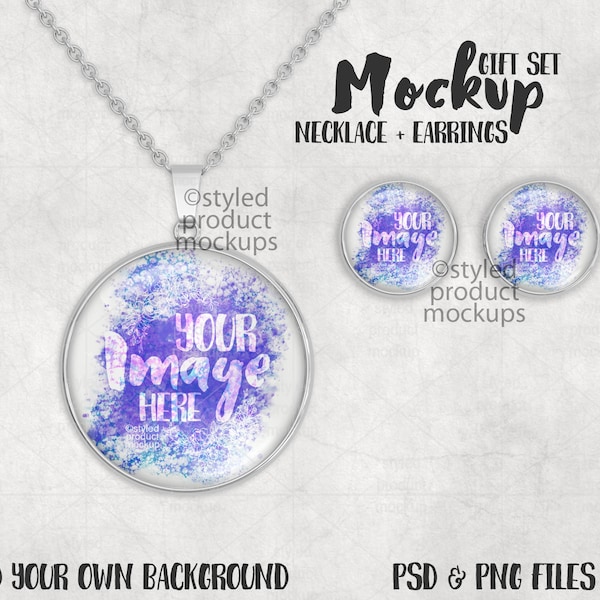 Metal tray pendant and stud earring set with glass cabochon Mockup | Add your own image and background