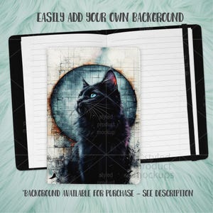 May include: A black notebook with lined pages and a black cover. A white tablet with a black cat illustration is placed on the left side. The cat has blue eyes and is set against a blue and gray background. Text on the image reads: "EASILY ADD YOUR OWN BACKGROUND" and "BACKGROUND AVAILABLE FOR PURCHASE - SEE DESCRIPTION."